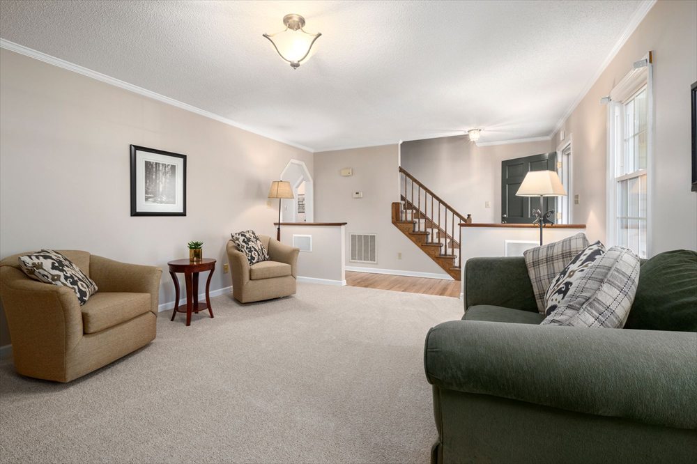 Living room carpet after cleaning, an even light beige pile through the walkway